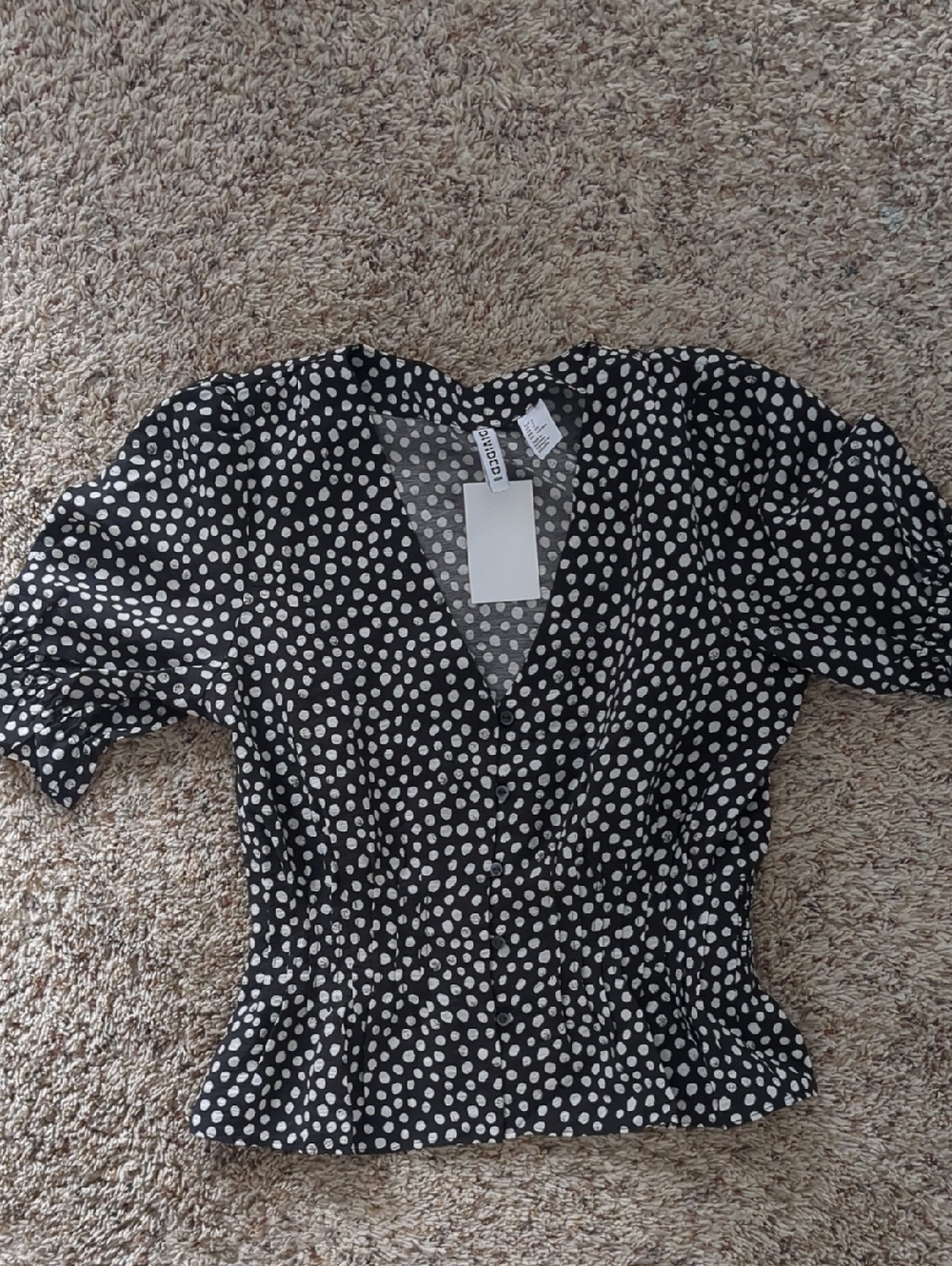 H&M Black V-Neck Polka Dot Peplum Blouse